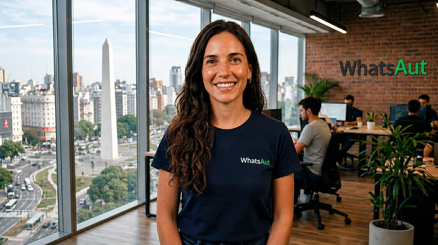 Equipo de WhatsAut en oficina con vista a Buenos Aires